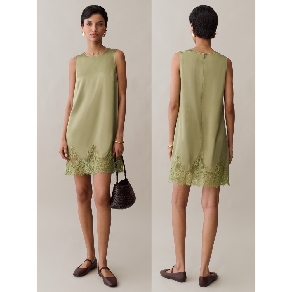 NWT Kourt Yasmin Satin Lace Trim Mini Dress in Moss Green - Size Large